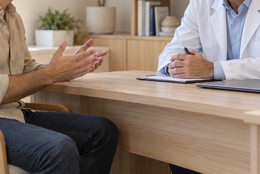 Consultation spécialisée : échange entre un patient adulte et son urologue.